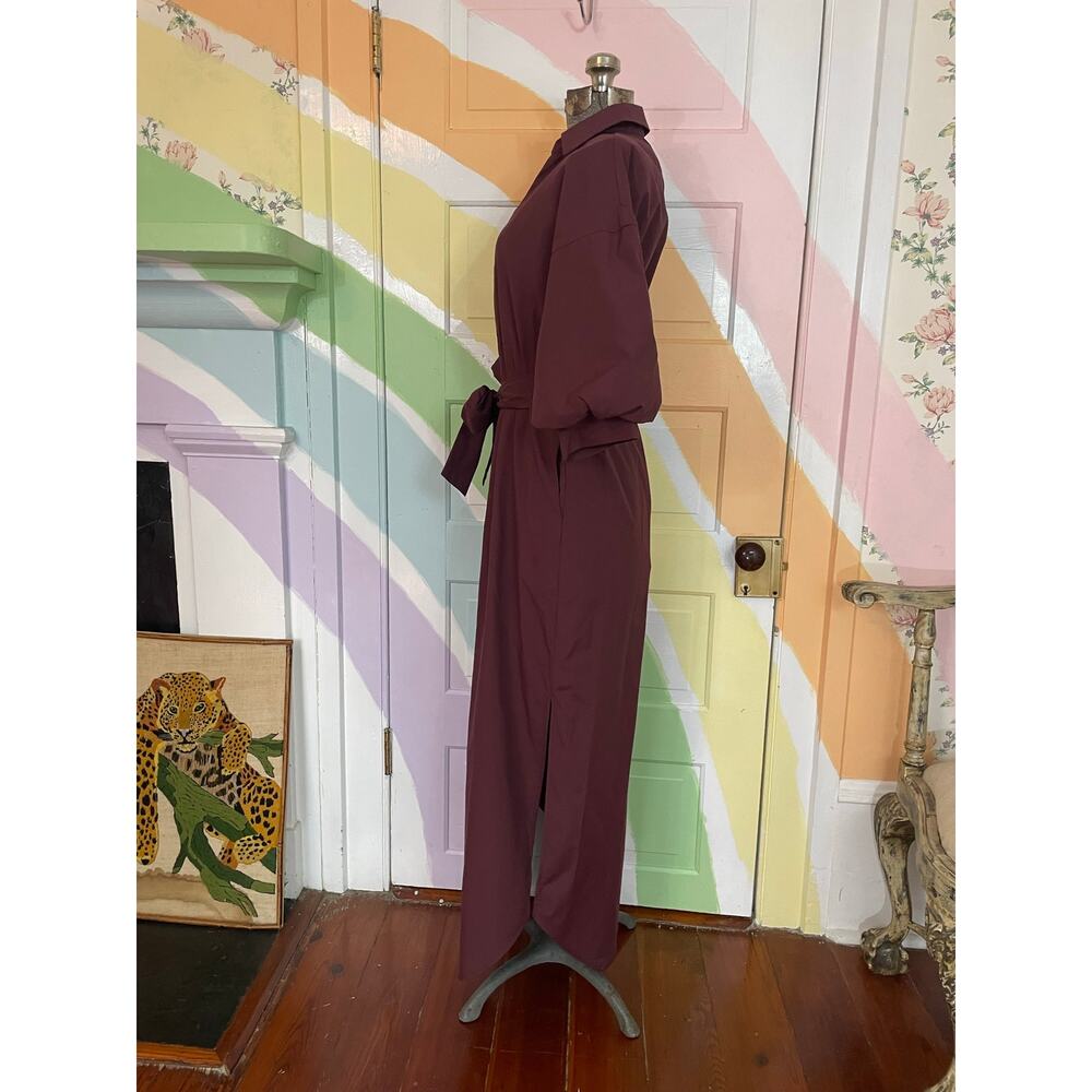 Brochu Walker XS Burgundy Maxi Shirt Dress Balloon Sleeve Belted Luxury - Picture 3 of 10